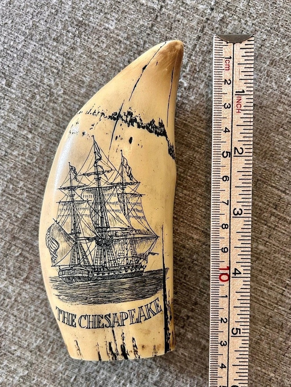 Nautical Scrimshaw Whale Tooth Replica - Captain James Lawrence and The Chesapea